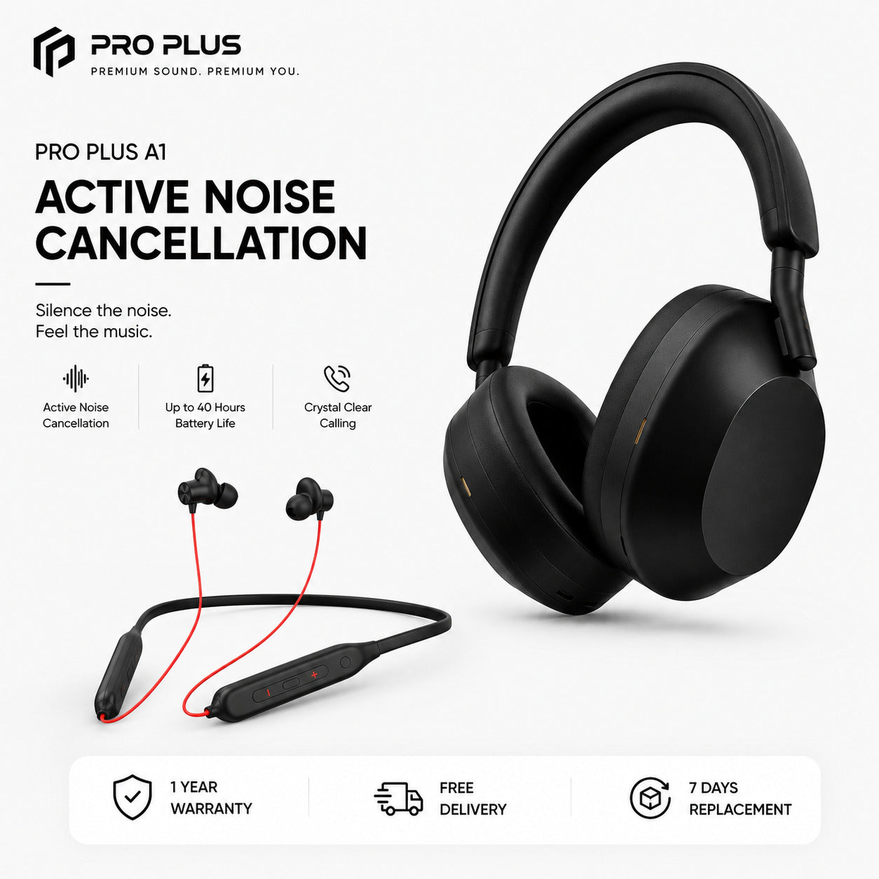 PRO PLUS A1 ANC Wireless Bluetooth Over-Ear Headphones with Mic, 40 Hours Battery, Deep Bass, Black