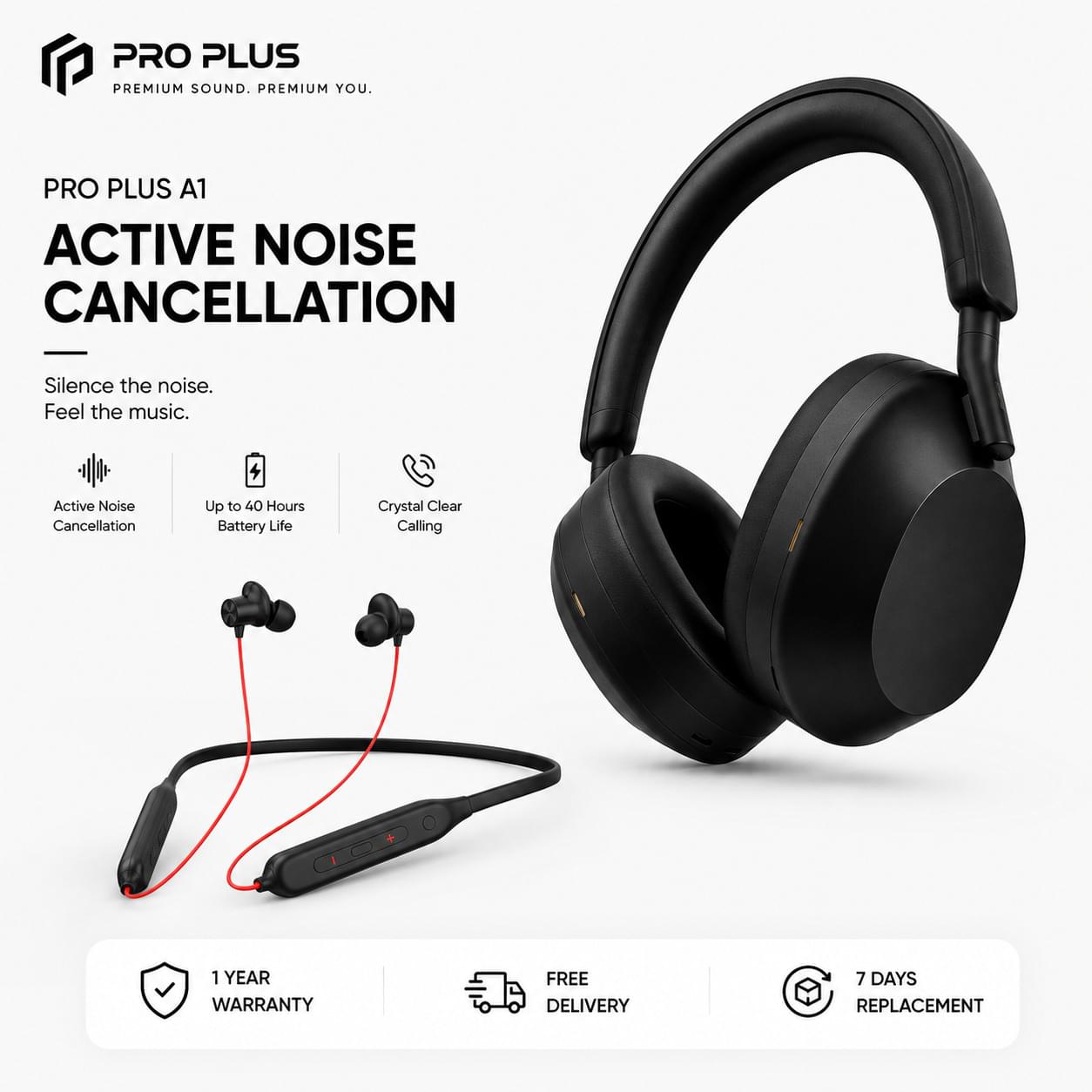 PRO PLUS A1 ANC Wireless Bluetooth Over-Ear Headphones with Mic, 40 Hours Battery, Deep Bass, Black.