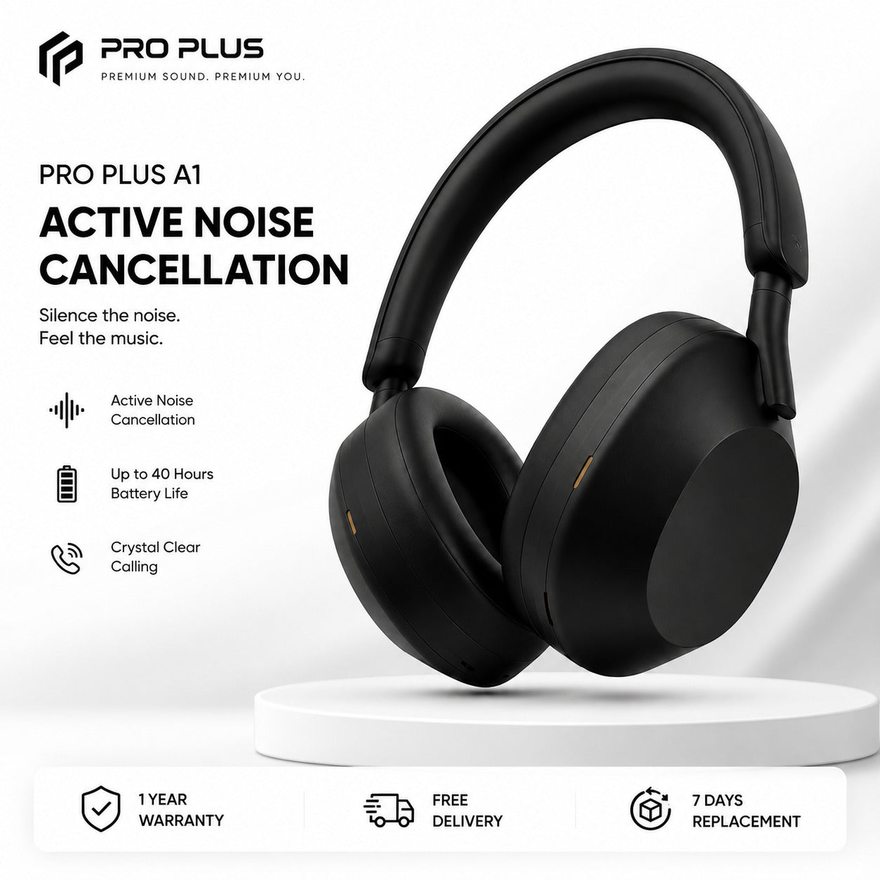 PRO PLUS A1 ANC Wireless Bluetooth Over-Ear Headphones with Mic, 40 Hours Battery, Deep Bass, Black