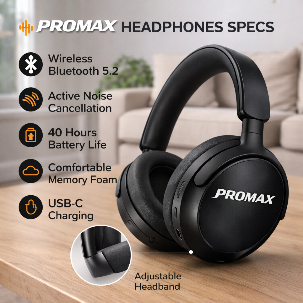 PROMAX Active Noise Cancelling Headphones with Alexa Voice Control | 40H Battery Life | Premium Sound Quality | Free ANC Earbuds Included
